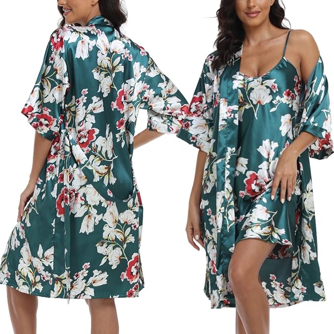 Women's Satin Robe Sets 2 Piece Nightgown Silk Pajama Sexy Floral Lingerie Lace Cami Sleepwear Night Robes