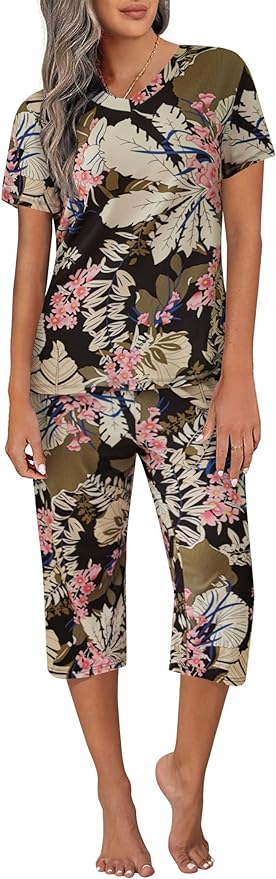 Ekouaer Women's Sleepwear Capri Pajama Sets Short Sleeve Two-Piece Pjs V Neck Tops & Capri Pants with Pockets S-3XL