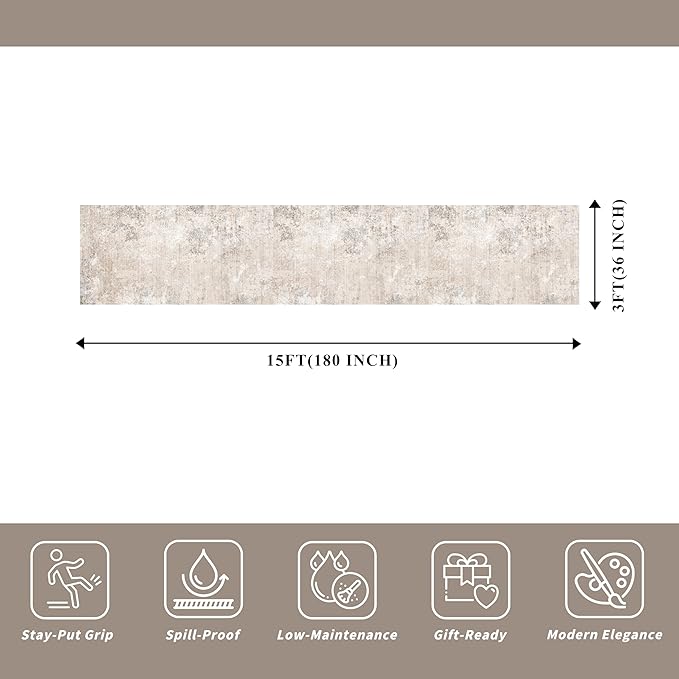 3x15 Ft Long Hallway Runner Rug – Non-Slip Washable Kitchen Floor Rug with Rubber Backing, Modern Low Pile Thin Wide Carpet Runners for Bedroom, Entryway Indoor (Beige Grey,3x15)
