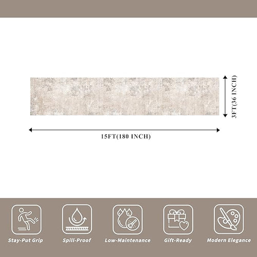 3x15 Ft Long Hallway Runner Rug – Non-Slip Washable Kitchen Floor Rug with Rubber Backing, Modern Low Pile Thin Wide Carpet Runners for Bedroom, Entryway Indoor (Beige Grey,3x15)