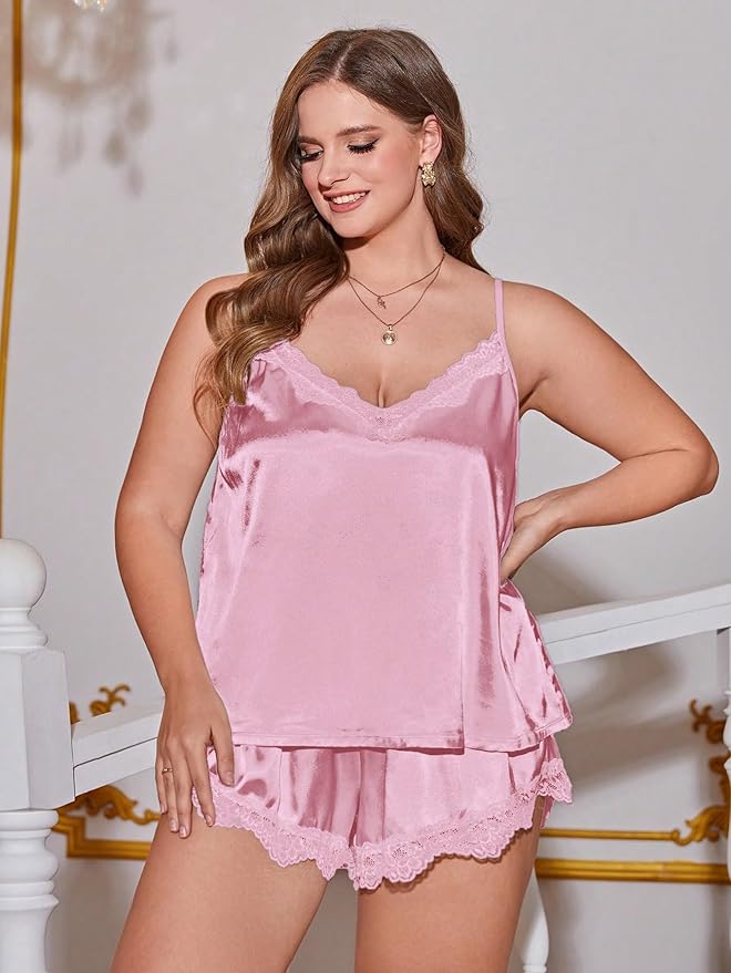 OYOANGLE Women's Plus Size 2 Piece Pajama Satin Lace Trim Cami Top and Shorts Sleepwear Set