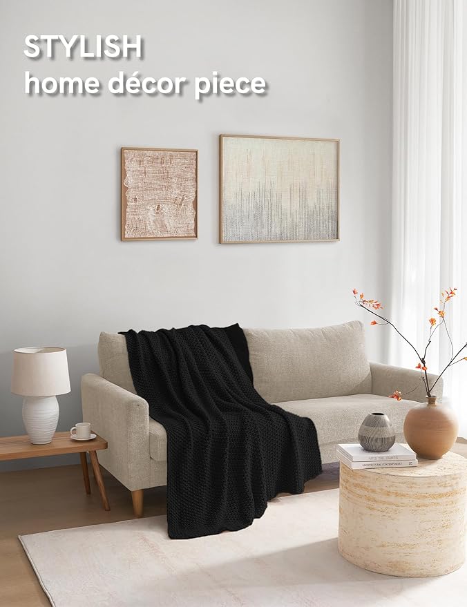 YnM Chunky Cotton Knit Throw Blanket, Cable Knit Throws for Bed Couch Sofa, Comfy & Relaxing, Decorative Piece for Farmhouse Modern Boho Rustic Scandinavian Chic Vibe, Black 60x80 Inches