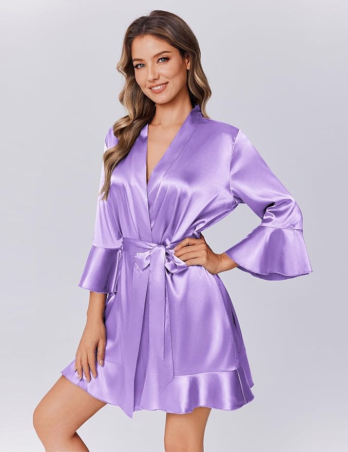 Ekouaer Women's Satin Robe Short Ruffle Hem Silky Robes Lightweight Kimono Brides Bathrobes Sleepwear XS-XXL