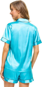 SWOMOG Womens Silk Satin Pajamas Set Short Sleeve Sleepwear Button Down Top and Shorts Loungewear 2 Piece Pjs Set XS-3XL