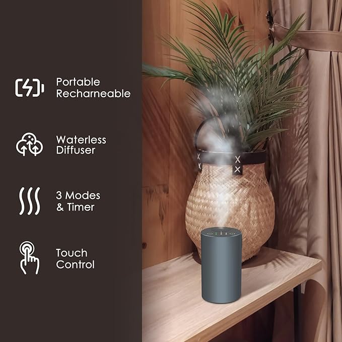 Waterless Essential Oil Diffuser, Battery Powered Mini Scent Air Machine, Aromatherapy Mist Diffuser for Home Room Car Office (Black Aluminum Alloy) (Grey)