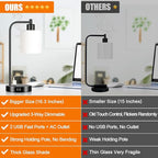 Set of 2 Industrial Touch Control Table Lamps with 2 USB Ports and AC Outlet - 3-Way Dimmable Black Bedside Lamp Nightstand Desk Lamps for Bedroom Living Room, Opal Glass Shade & 2 LED Bulbs Included