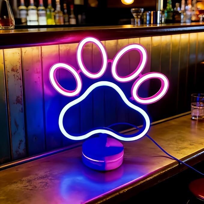 Dog Paw Neon Sign Lamp Dimmable LED with Standable Base and Touchable Switch,USB or 3-AA Battery Powered Neon Signs LED Desktop Wall Decoration for Party, Bedroom ，Birthday Christmas Gift