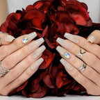 Hypnaughty 24 Pcs Jewels Rhinestone and Ombre Glitter Nude Luxury Coffin Bling Press on Nails with Design and Glue Medium Long Nude False Nails with Gems (Jewels)