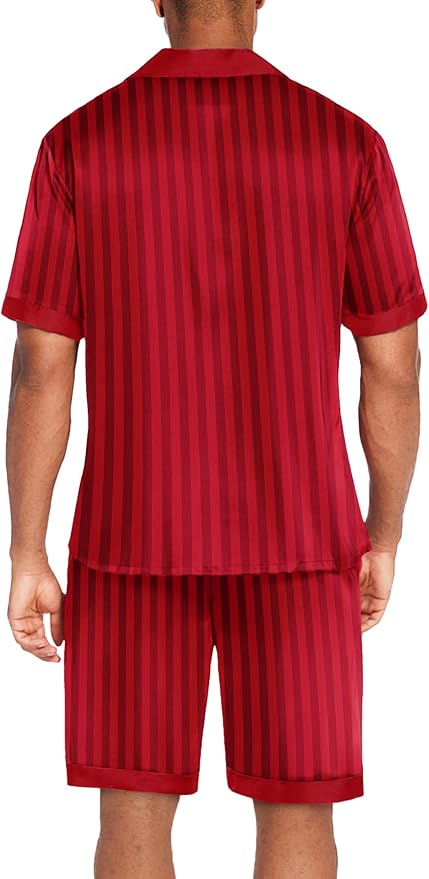 Ekouaer Men Satin Silk Pajamas Set with Pockets Sleepwear Shorts Satin Summer Loungewear 2 Piece Button Down Set S-3XL