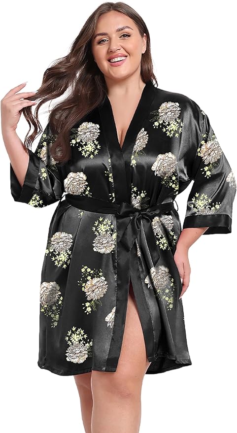 Women's Plus Size Satin Kimono Robes Short Silky Bathrobe Wedding Getting Ready Sleepwear Loungewear