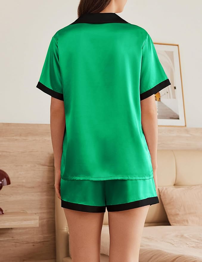 Ekouaer Womens Silk Satin Pajama Set Short Sleeve PJs 2 Piece Button Down Top and Shorts Notch Collar Sleepwear Sets Soft Pjs