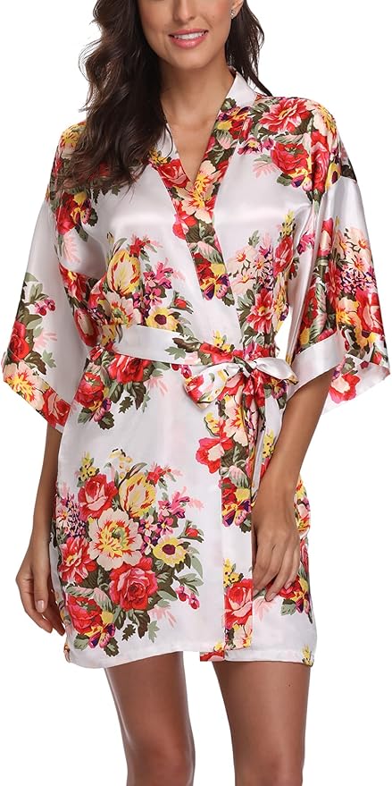 Women's Floral Satin Robes Bride Bridesmaid Getting Ready Robe Short Silky Kimono Sleepwear for Wedding Party