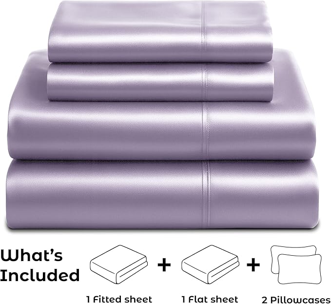 Pure Bedding Satin Sheets Full [4-Piece, Lavender] Hotel Luxury Silky Bed Sheets - Extra Soft 1800 Microfiber Sheet Set, Wrinkle, Fade, Deep Pocket Fitted Sheet, Flat Sheet, Pillow Cases