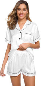 SWOMOG Womens Silk Satin Pajamas Set Short Sleeve Sleepwear Button Down Top and Shorts Loungewear 2 Piece Pjs Set XS-3XL