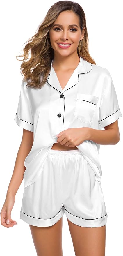 SWOMOG Womens Silk Satin Pajamas Set Short Sleeve Sleepwear Button Down Top and Shorts Loungewear 2 Piece Pjs Set XS-3XL