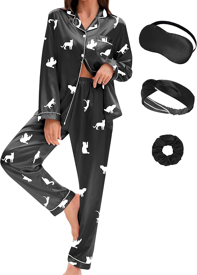 EPLAZA Silk Pajamas for Women Satin Pajamas Set 5 Pcs Long Sleeve Print Pattern Button Down Pjs Sleepwear Loungewear Set