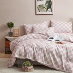 CLOTHKNOW Pink White Plaid King Size Comforter Set Grid Bedding Comforter Sets Soft Checker Geometric Comforter for Girls Women