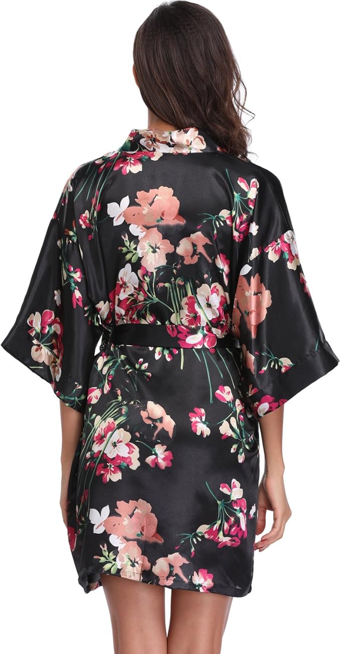 Women's Floral Satin Robes Bride Bridesmaid Getting Ready Robe Short Silky Kimono Sleepwear for Wedding Party