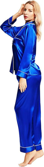 SIHA Satin Silk Pajamas for Women Pajama Set With Long Sleeve Button-Down Satin Pajamas Sleepwear XS-3XL