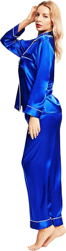 SIHA Satin Silk Pajamas for Women Pajama Set With Long Sleeve Button-Down Satin Pajamas Sleepwear XS-3XL