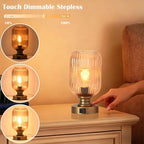 Mid Century Glass Table Lamp,Dimmable Desk Lamp,LED Bulb Included,Touch Control & USB A+C Port,Cognac Amber Ribbed Glass
