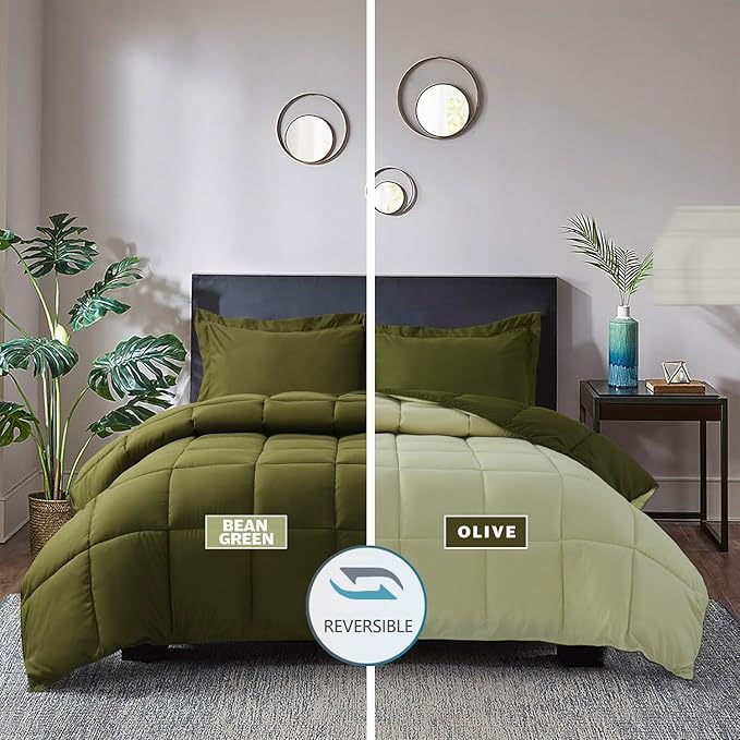 HIG 3pc Olive Green King Size Comforter Set - All Season Reversible Down Alternative Comforter with Two Shams - Quilted Duvet Insert with Corner Tabs - Box Stitched - Breathable, Soft, Fluffy
