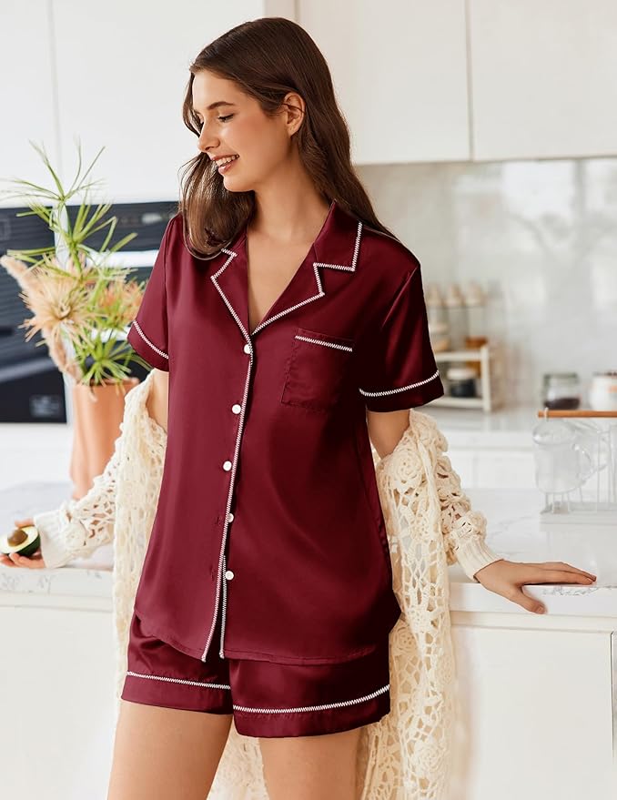 Ekouaer Womens Satin Silk Pajamas Set Short Sleeve Sleepwear Button Down Top and Shorts Loungewear 2 Piece Pjs Set S-XXL