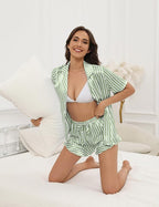 Silk Pajamas for Women Button Down 2 Piece Satin Pjs Shorts Set Ruffle Notch Collar Sleepwear Loungewear