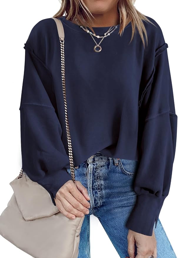Nirovien Womens Oversized Crewneck Sweatshirt Side Slit Long Sleeve Pullover Slouchy Fit Tops