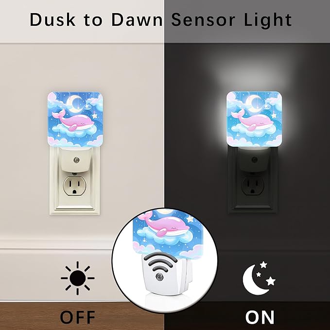 Whale Night Lights Plug Into Wall, Cute Playful Moon Stars Summer Peach Energy Saving Automatic Led Night Lights for Bedroom Bathroom Hallway Kitchen Decor 1pcs