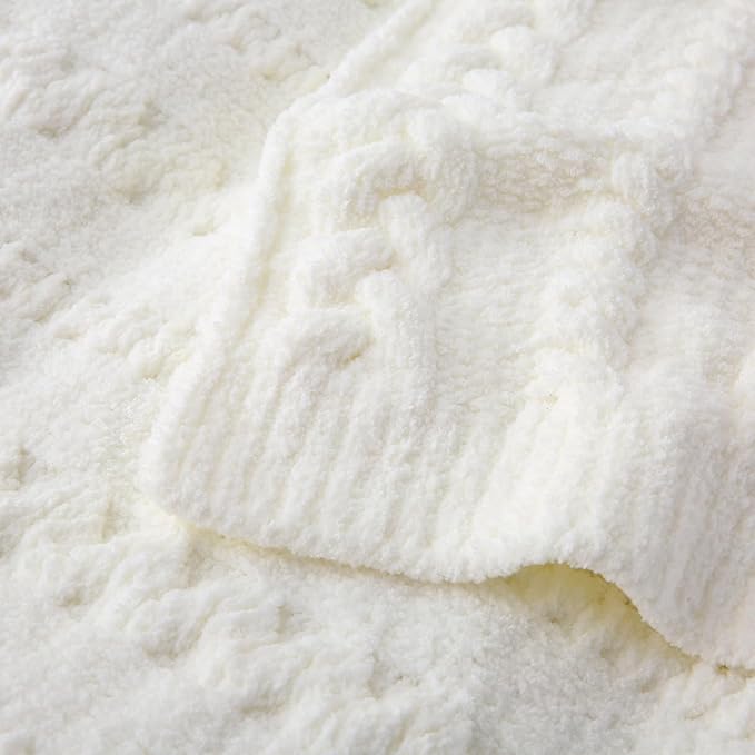 Cable Knit Throw Blanket 50x60 Inches - Chunky Knit Chenille Blanket for Couch, Bed | Warm & Cozy Winter Blanket for Living Room, Farmhouse Home Decor | Off White
