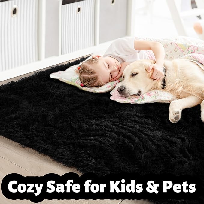 8x10 Black Rug for Living Room Bedroom, Large Big Fluffy Modern Area Rugs for Kids Room Decor Aesthetic, Shaggy Furry Floor Carpet for Dorm Office Playroom Nursery Classroom, Baby Teen Boys Men Rug