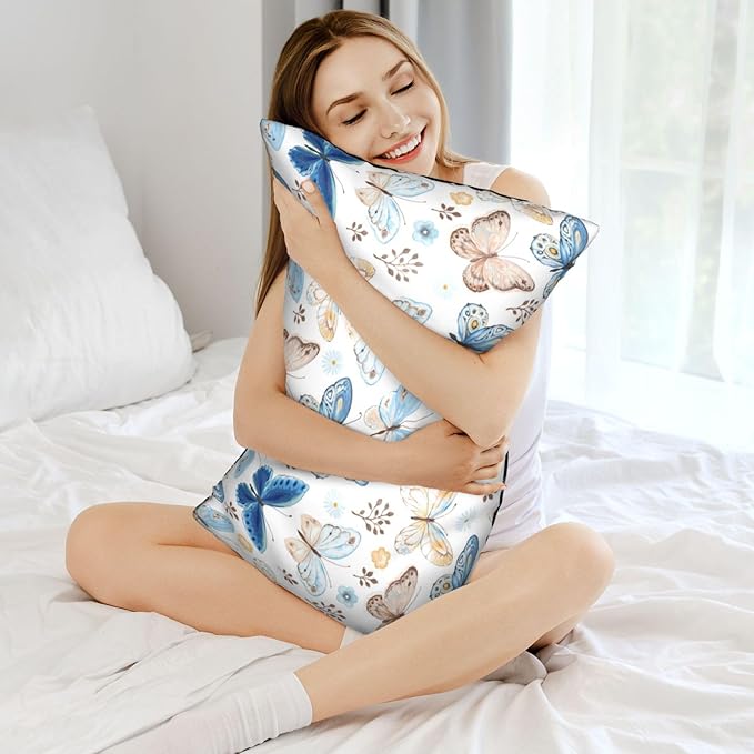 Vintage Blue Brown Butterfly 1 Pack Satin Pillowcase for Hair and Skin Floral 1 Pack Satin Pillowcase with Hidden Zipper Soft Breathable Cooling Pillow Cover King Size for Bedroom Sofa 20”x36”