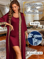 ChiaoLezhee Satin Robe Sets For Women, 2-PC Lightweight Bathrobe, Silk Sleepwear Kimono Bridesmaid Sexy Robes