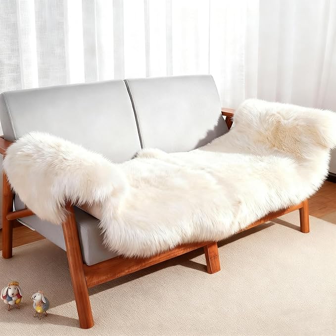 Genuine Sheepskin Rug with Little Patches | Premium Ivory White Fluffy Sheep Skin Carpet for Bedroom Fireplace | Soft Wool Throw Blanket for Elder, Pet | Luxurious Fur Rug for Chair, Sofa, 2FT×6FT