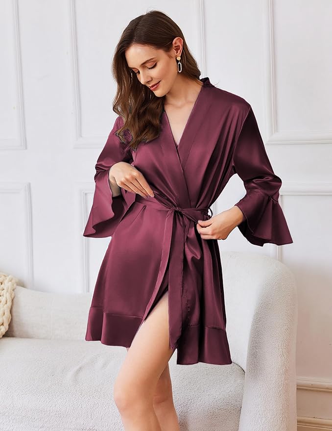 Ekouaer Women's Satin Robe Short Ruffle Hem Silky Robes Lightweight Kimono Brides Bathrobes Sleepwear XS-XXL