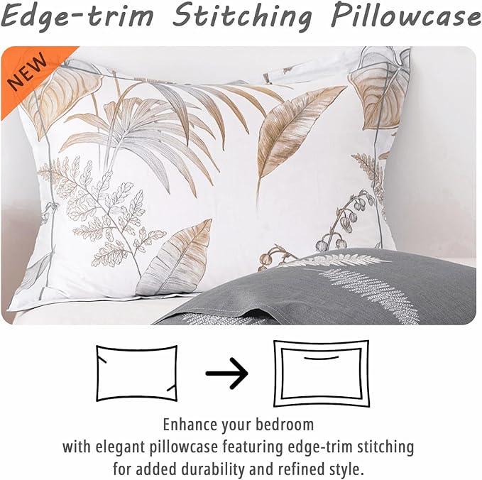 ALEISSEL Natural Cotton 2pcs Floral Comforter Sets Twin Size-Gray Comforter with Luxurious Brown Branches and Taupe & Gray Leaves on White, Reversible Lightweight Bedding Sets(Twin 68"×90")