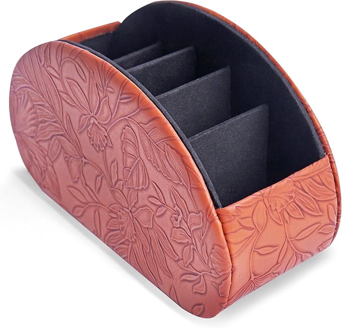 QIELIZI Remote Control Holder, PU Leather Remote Caddy Desktop Organizer with 5 Spacious Compartments for TV Remotes/Media Controllers/Office Supplies (1-Carved Brown