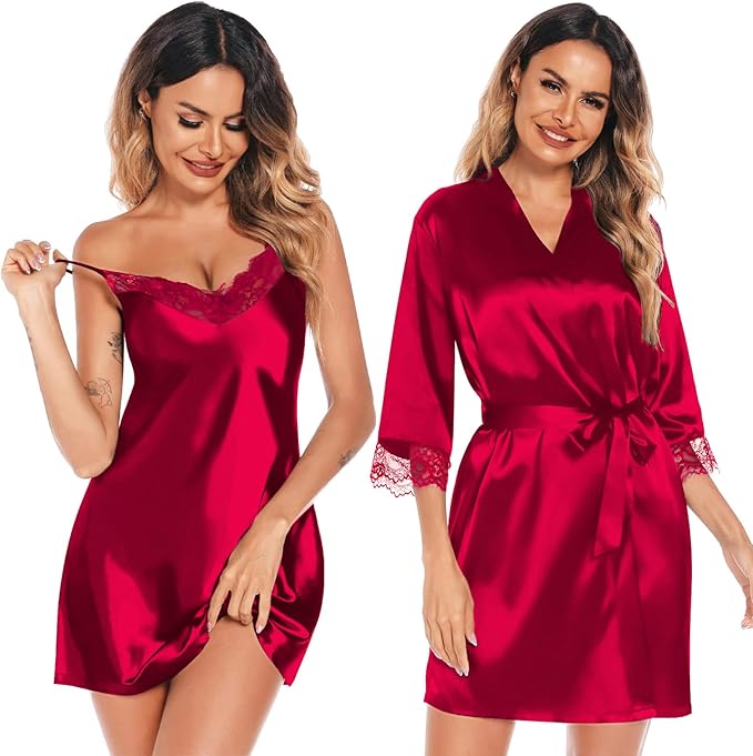 SWOMOG Women's Satin Robe Set 2 Piece Sexy Pajamas Sets Lace Cami Nightgown and Silk Robes Nightwear