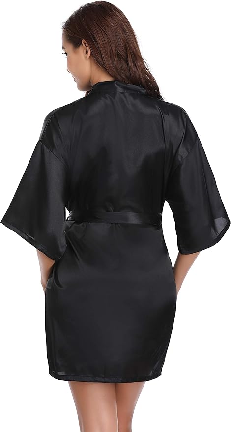 Vlazom Womens Kimono Robes Dressing Gown Satin Bathrobe Nightdress Short Style Bridal Robe