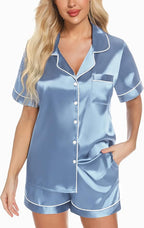 Samring Women's Silk Satin Pajamas Set Short Sleeve Sleepwear Two Piece Button Down Pj Set with Pockets S-XXL