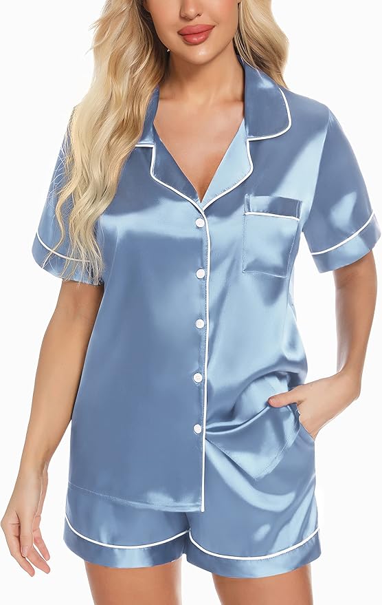 Samring Women's Silk Satin Pajamas Set Short Sleeve Sleepwear Two Piece Button Down Pj Set with Pockets S-XXL