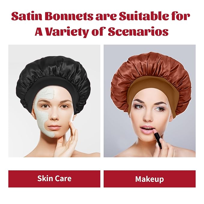 ZHENSILK 2Pcs Silk Bonnet for Sleeping, Satin Hair Bonnets, Soft Elastic Band Silk Sleep Cap, Hair Wrap for Women (Color-H Black+Brown)