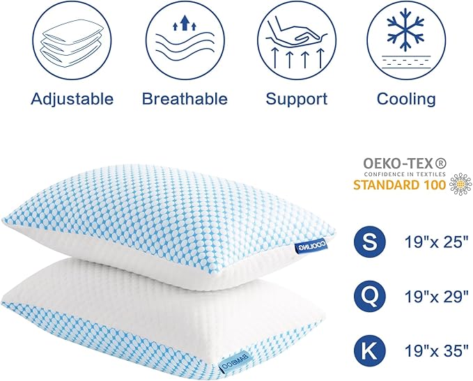 EASELAND Firm Pillows Shredded Memory Foam with Adjustable Fill - Standard Size Set of 2, Removable Cooling Cover for Hot Sleepers, Cool Bed Pillow for Side Back Stomach Sleepers