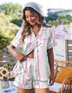 Ekouaer Womens Satin Silk Pajamas Set Short Sleeve Sleepwear Button Down Top and Shorts Loungewear 2 Piece Pjs Set S-XXL