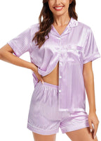 SWOMOG Womens Silk Satin Pajamas Set Short Sleeve Sleepwear Button Down Top and Shorts Loungewear 2 Piece Pjs Set XS-3XL