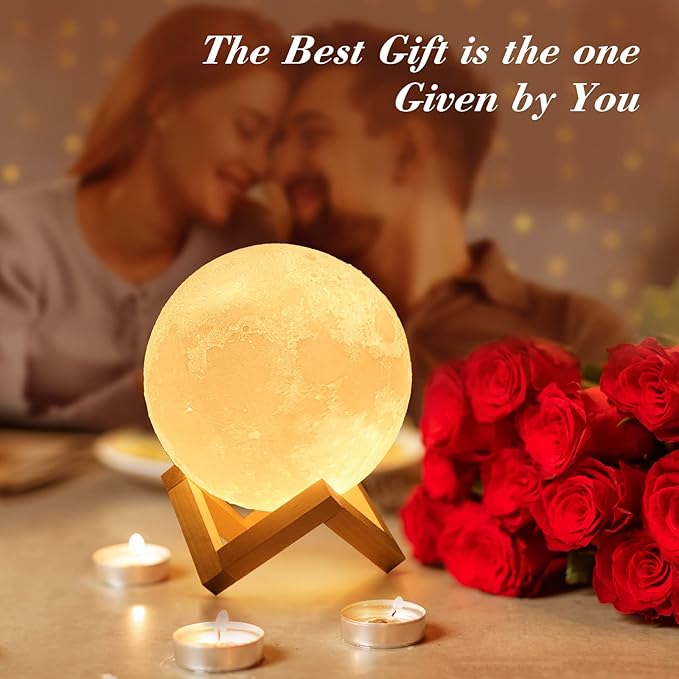 Mydethun Moon Lamp - 4.7' Gifts for Women, 3D Printed LED Night Light w/Wooden Base, Birthday Gifts for Mom, Wife, Girlfriend, Dual Color Touch-Dimmable Wedding Decor, White & Yellow
