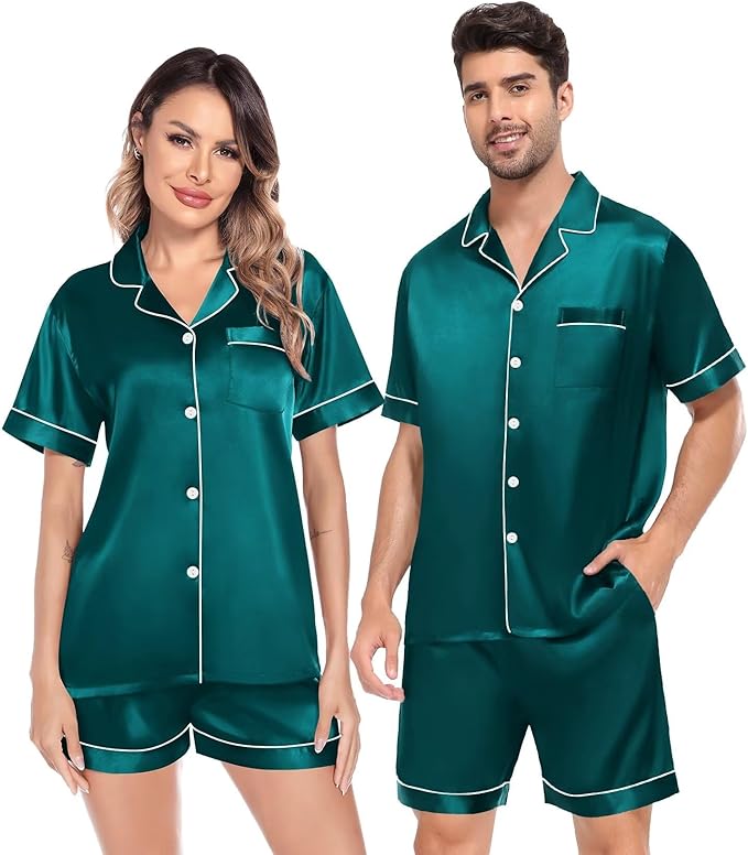 SWOMOG Satin Matching Pajamas Sets Couple Silk Button Down Nightwear Women & Men Short Sleeve Sleepwear 2 Pieces Loungewear