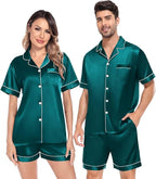 SWOMOG Satin Matching Pajamas Sets Couple Silk Button Down Nightwear Women & Men Short Sleeve Sleepwear 2 Pieces Loungewear