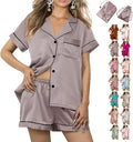 WJing Yi Jia Womens 3Pcs Floral Pajamas Sets Silk Satin Sleepwear XS~4XL Button Down Short Sleeve Shirt Pjs Loungewear
